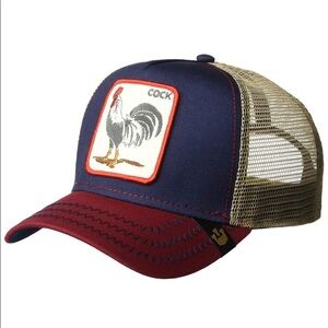 Navy and Red Trucker Hat with Rooster Patch- New